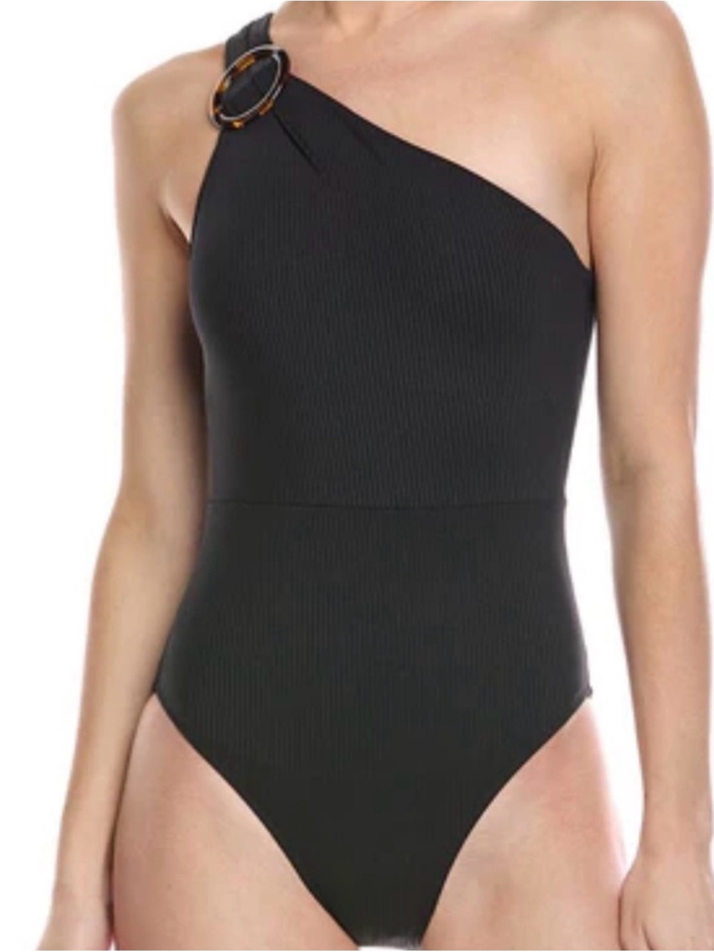 summersalt One-Shoulder Black Ribbed One-Piece with Tortoiseshell Ring